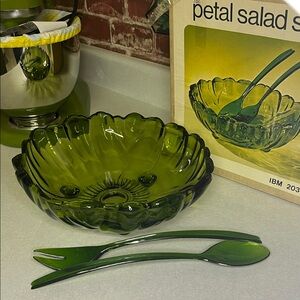 Vintage in box ! Includes original salad forks!Green Glass Petal Salad Bowl Set